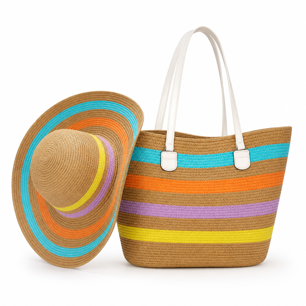 Wide-Strap Lightweight Striped Beach Tote & Matching Sun Hat