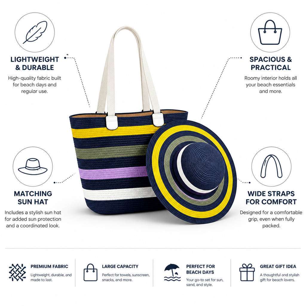 Wide-Strap Lightweight Striped Beach Tote & Matching Sun Hat