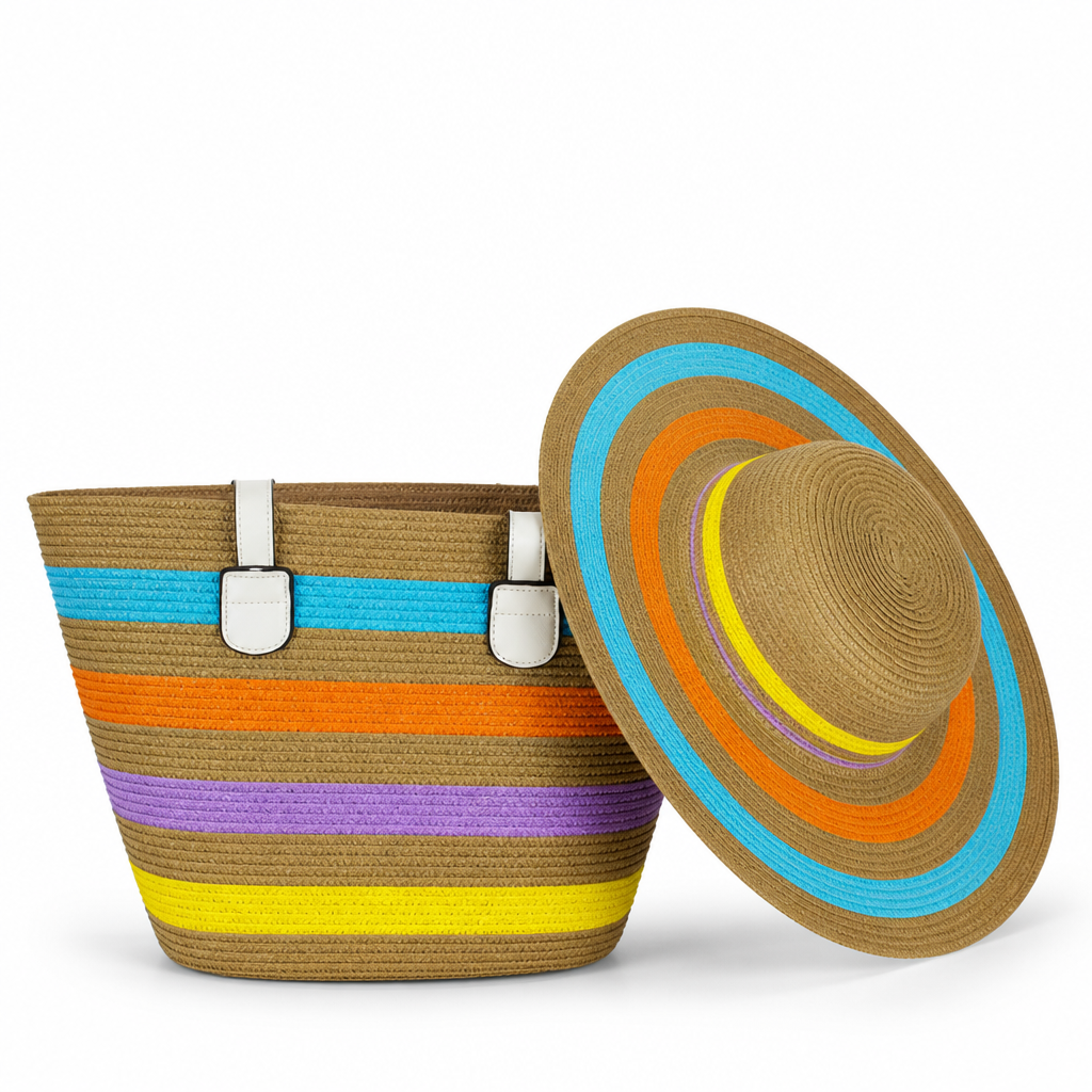 Wide-Strap Lightweight Striped Beach Tote & Matching Sun Hat