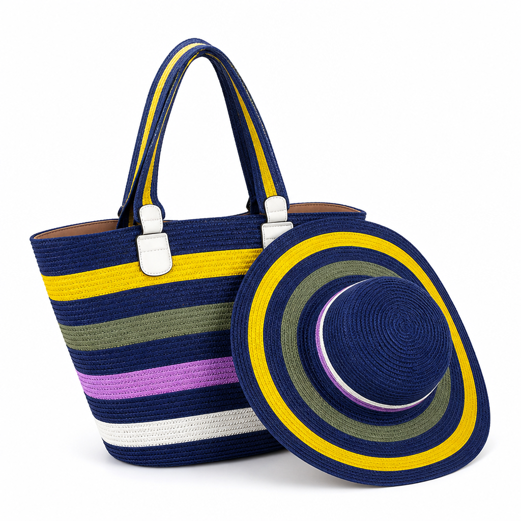 Wide-Strap Lightweight Striped Beach Tote & Matching Sun Hat