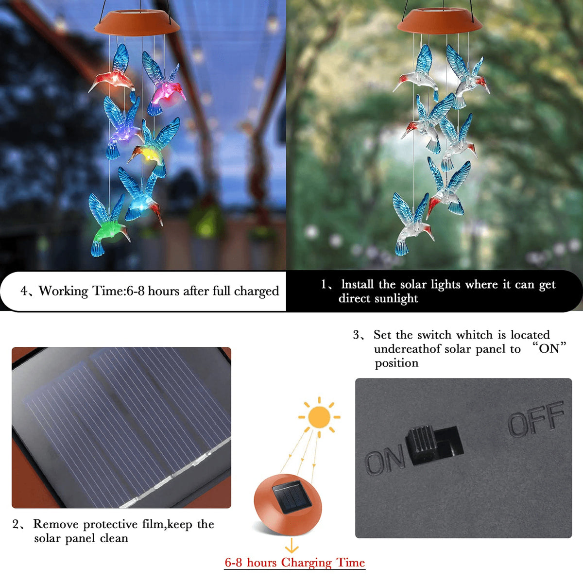Wind Chime Light Solar Color-Changing Hummingbird Bulbs