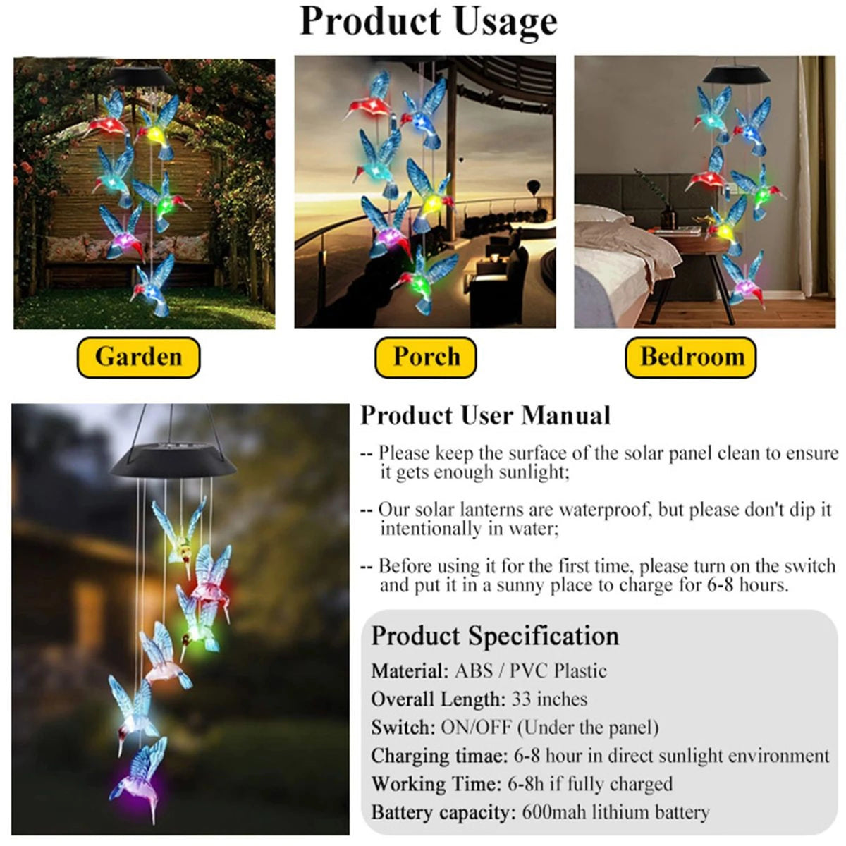 Wind Chime Light Solar Color-Changing Hummingbird Bulbs