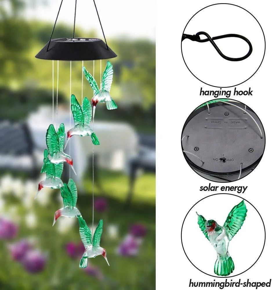 Wind Chime Solar Color-Changing Glass & Iron 25 Inch