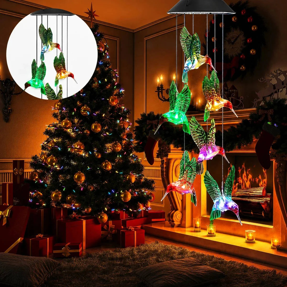 Wind Chime Solar Color-Changing Glass & Iron 25 Inch