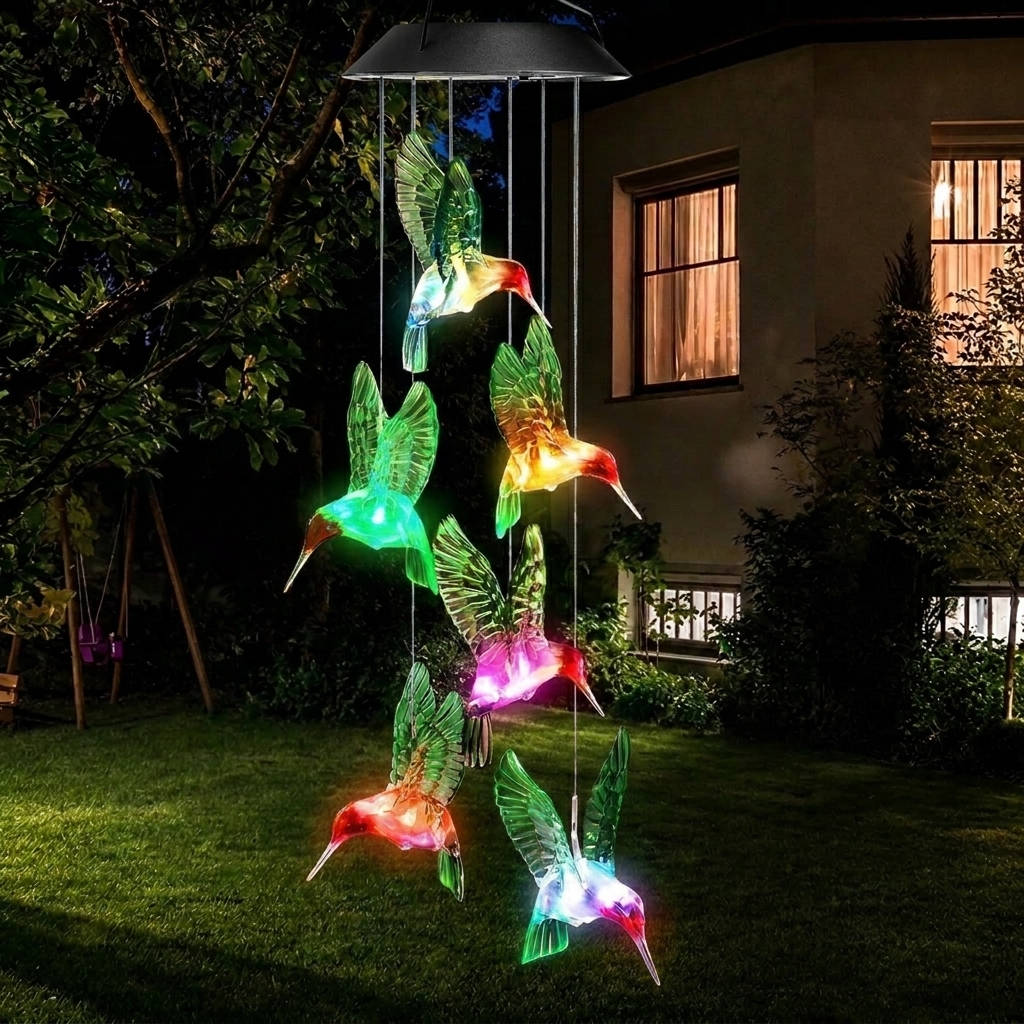 Wind Chime Solar Color-Changing Glass & Iron 25 Inch
