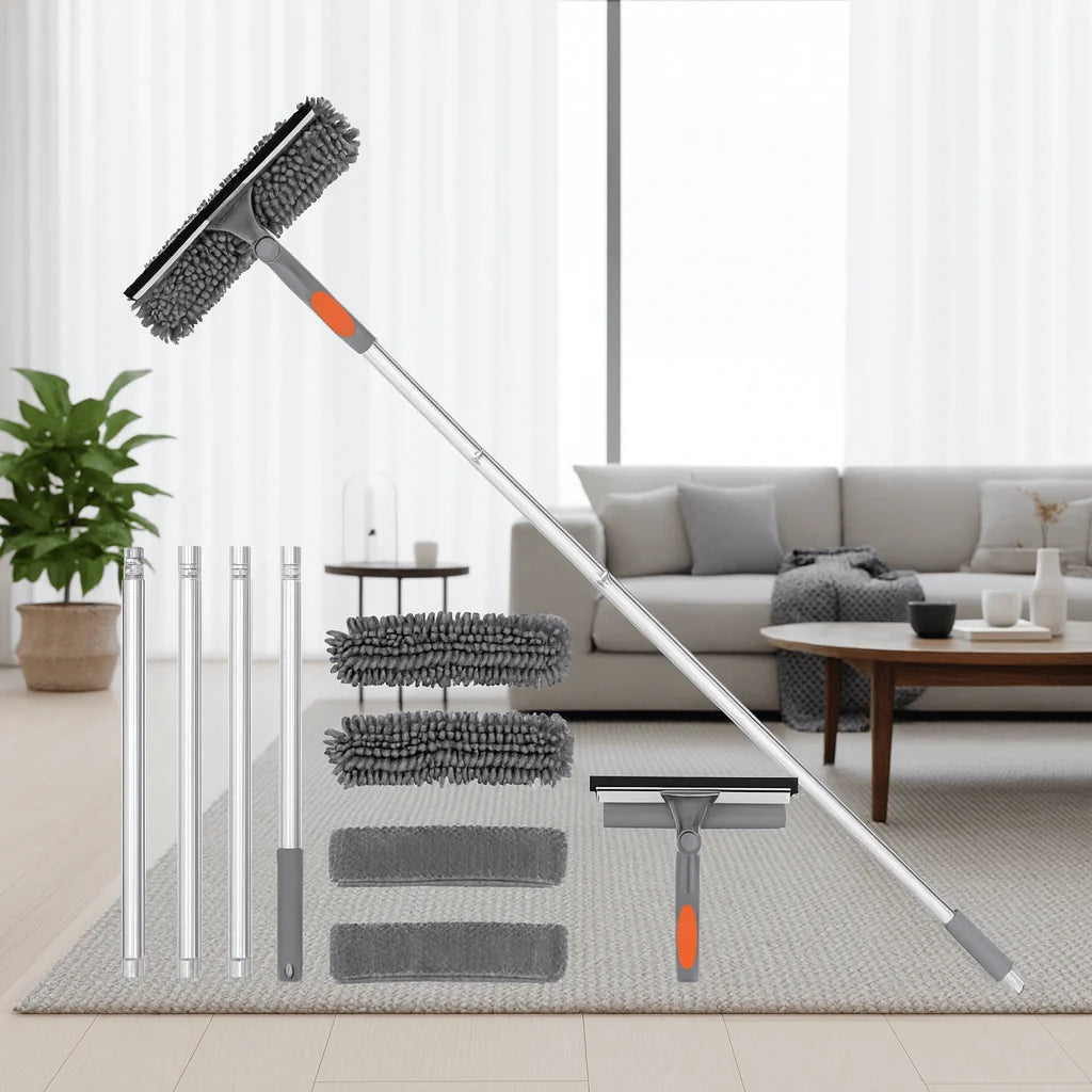 Window Cleaning Tool 2-in-1 Scrubber & Squeegee Telescopic Pole