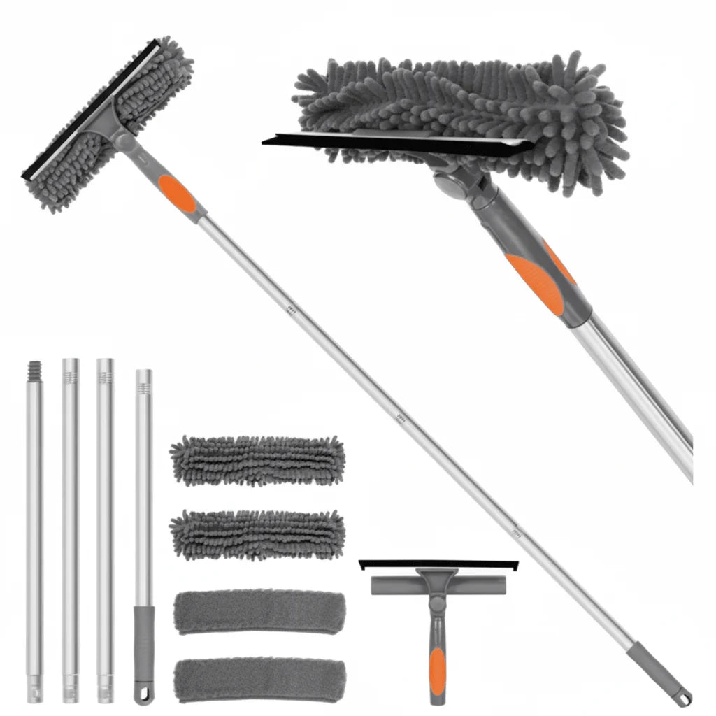 Window Cleaning Tool 2-in-1 Scrubber & Squeegee Telescopic Pole