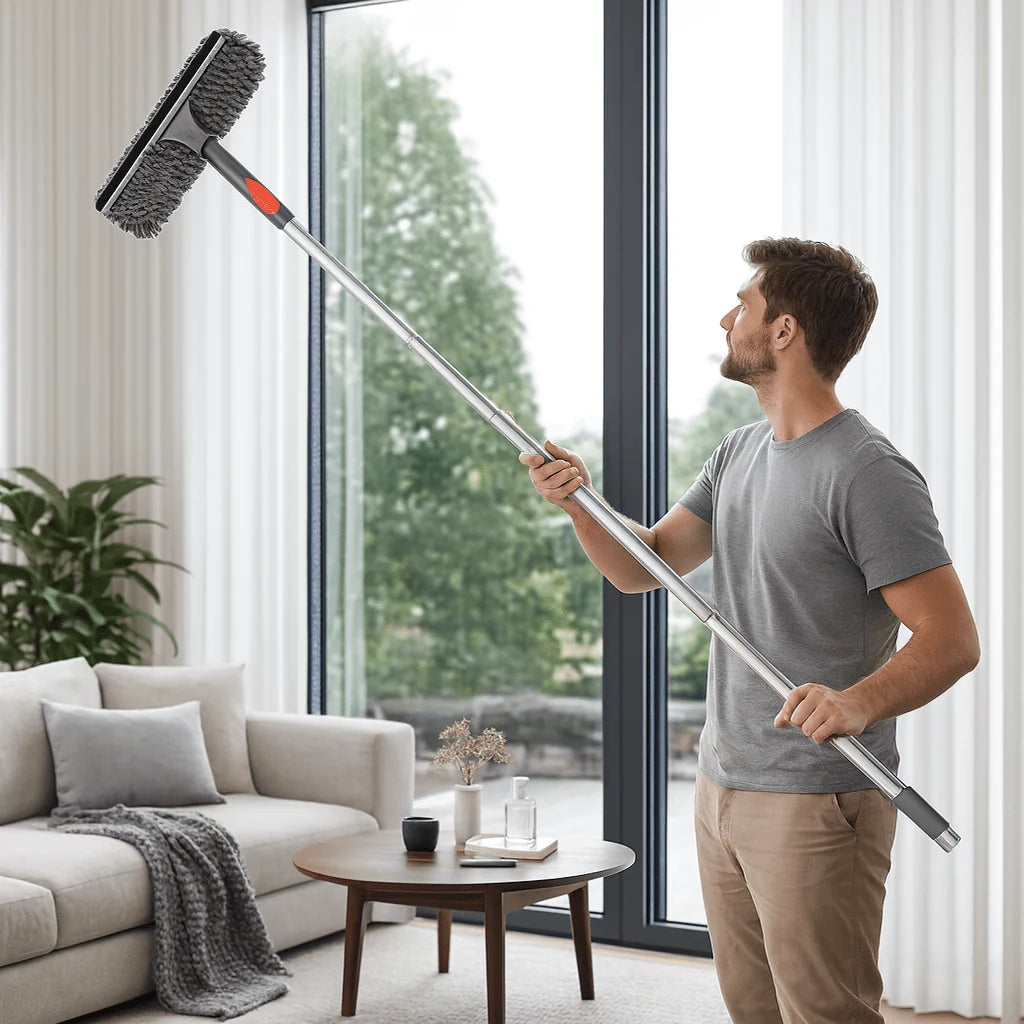 Window Cleaning Tool 2-in-1 Scrubber & Squeegee Telescopic Pole