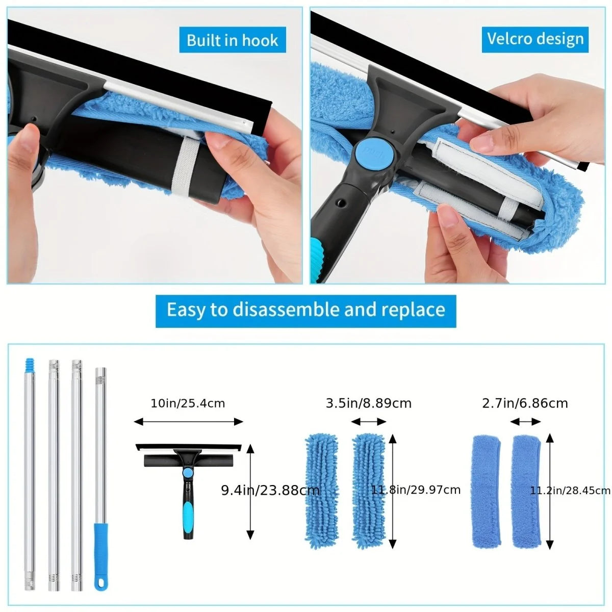 Window Cleaning Tool 2-in-1 Scrubber & Squeegee Telescopic Pole