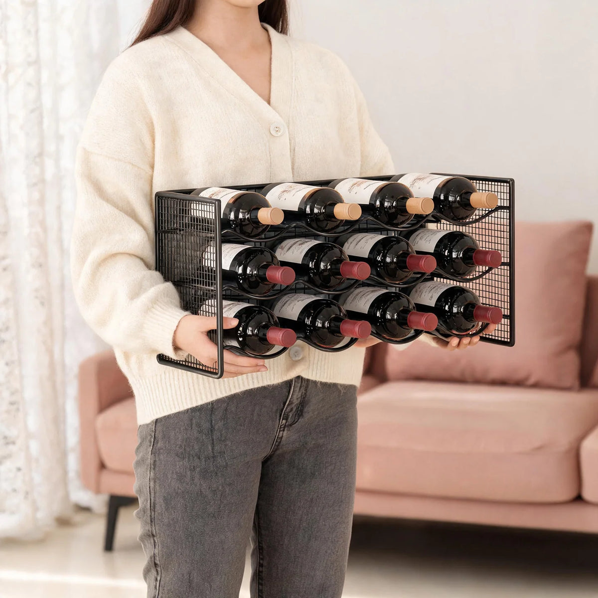 Wine Bottle Rack Powder-Coated Metal Stackable Space-Saving