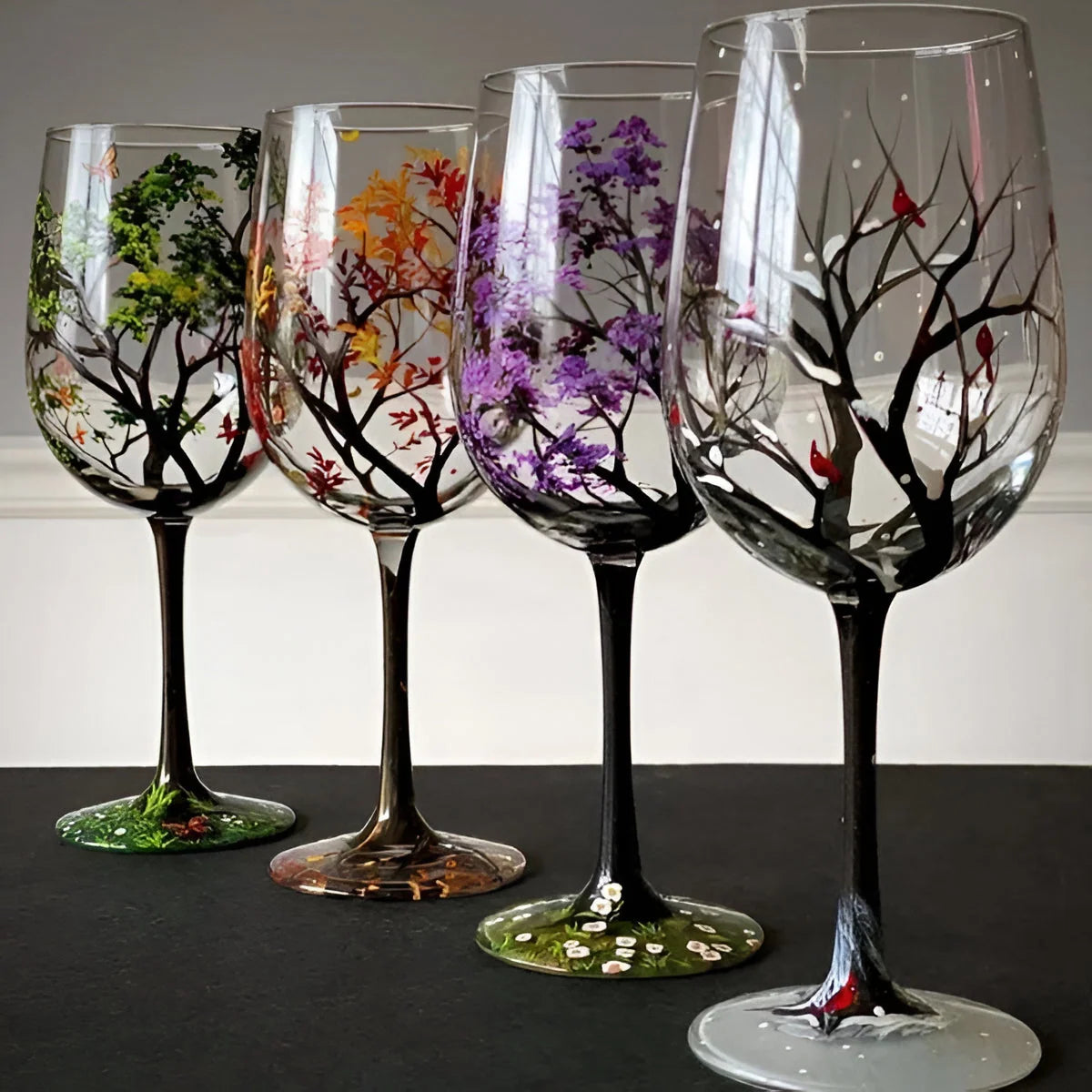 Wine Glass Hand Painted Seasonal Tree 12oz Dishwasher Safe