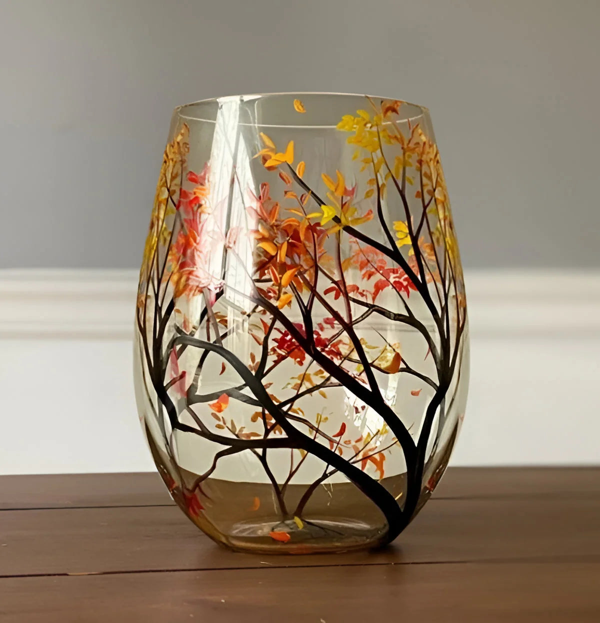 Wine Glass Hand Painted Seasonal Tree 12oz Dishwasher Safe