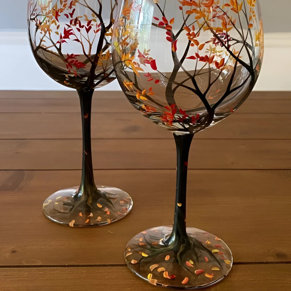 Wine Glass Hand Painted Seasonal Tree 12oz Dishwasher Safe
