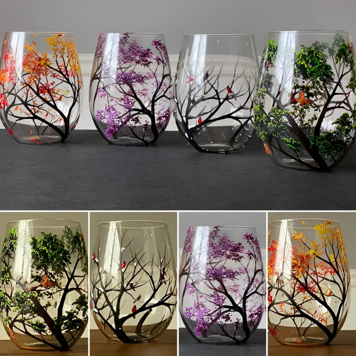 Wine Glass Hand Painted Seasonal Tree 12oz Dishwasher Safe