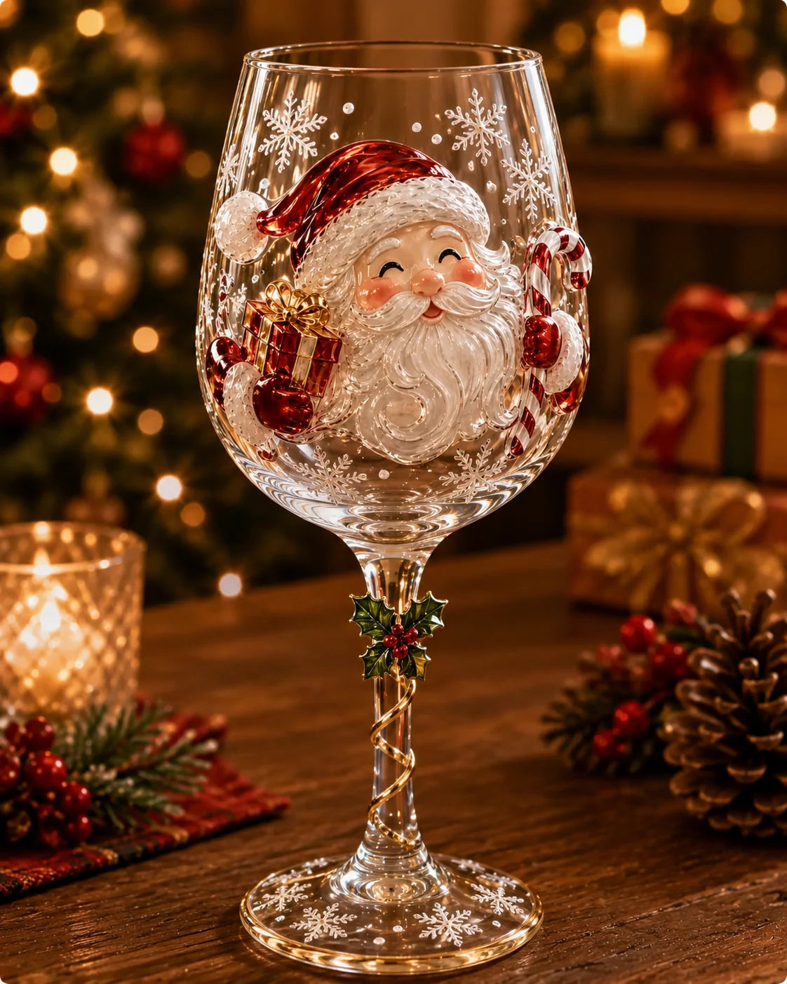 Wine Glasses Stemmed Raised Christmas Motifs Set of 6