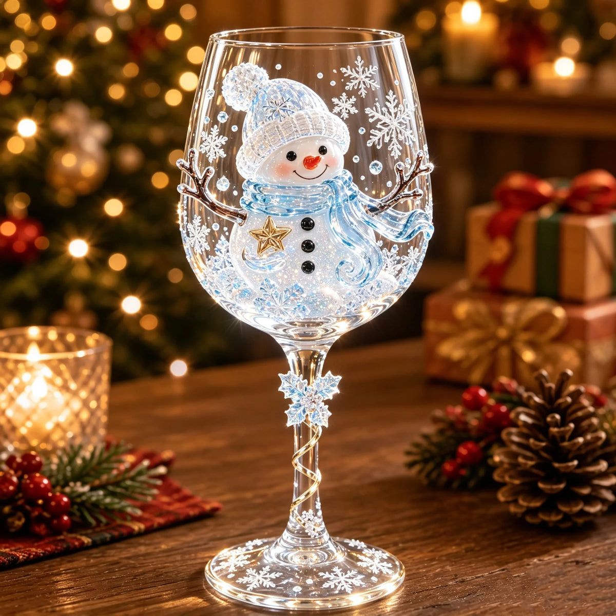 Wine Glasses Stemmed Raised Christmas Motifs Set of 6