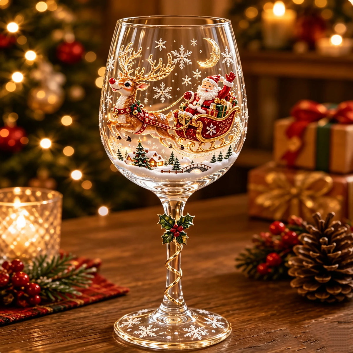Wine Glasses Stemmed Raised Christmas Motifs Set of 6