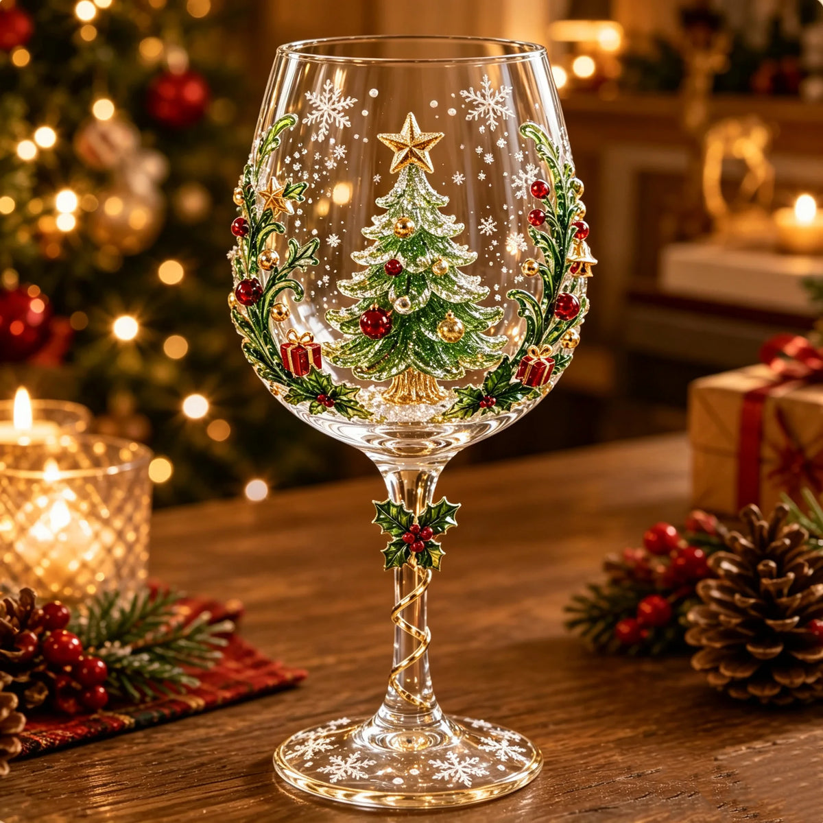 Wine Glasses Stemmed Raised Christmas Motifs Set of 6