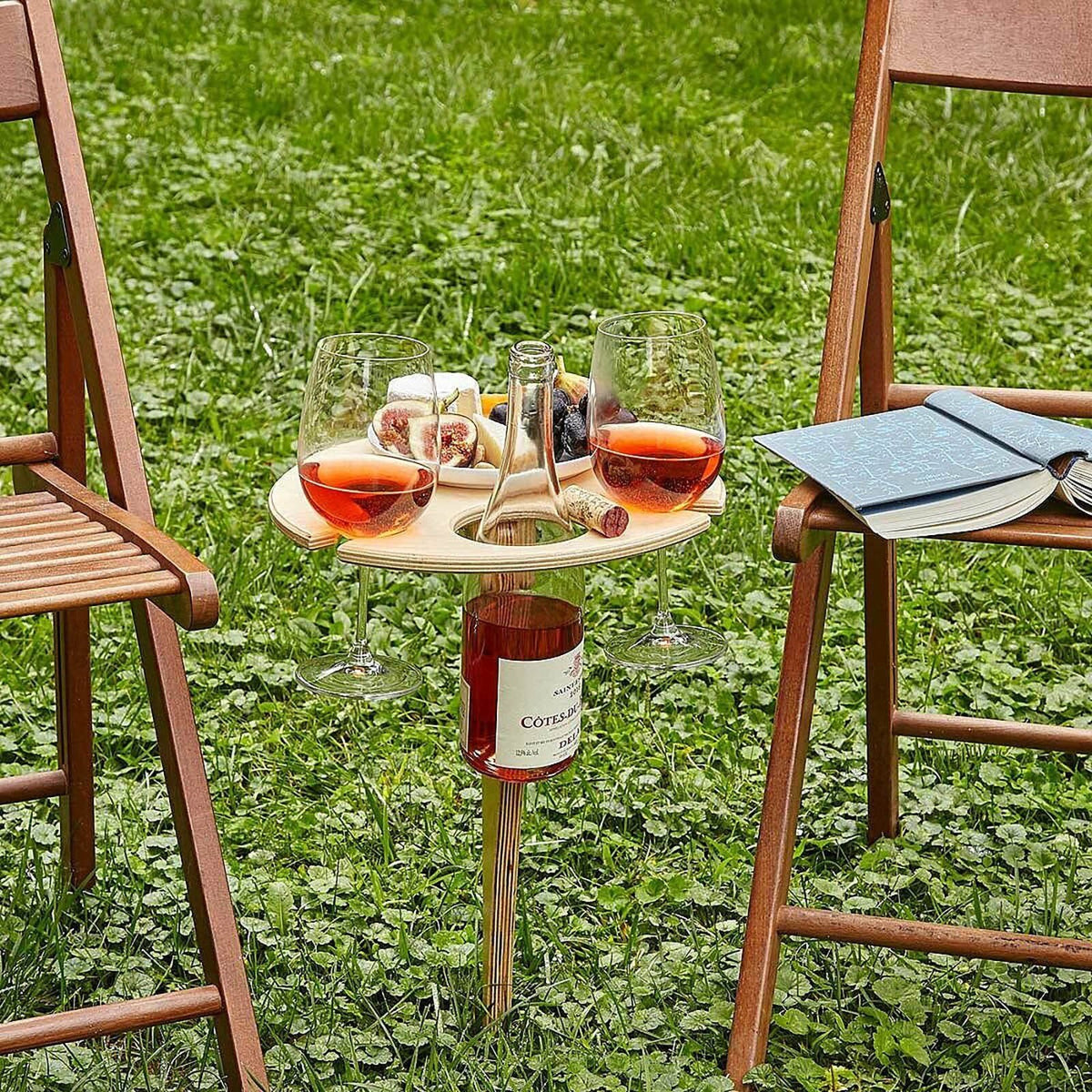 Wine Picnic Table Foldable Wooden Bottle & Glass Holders