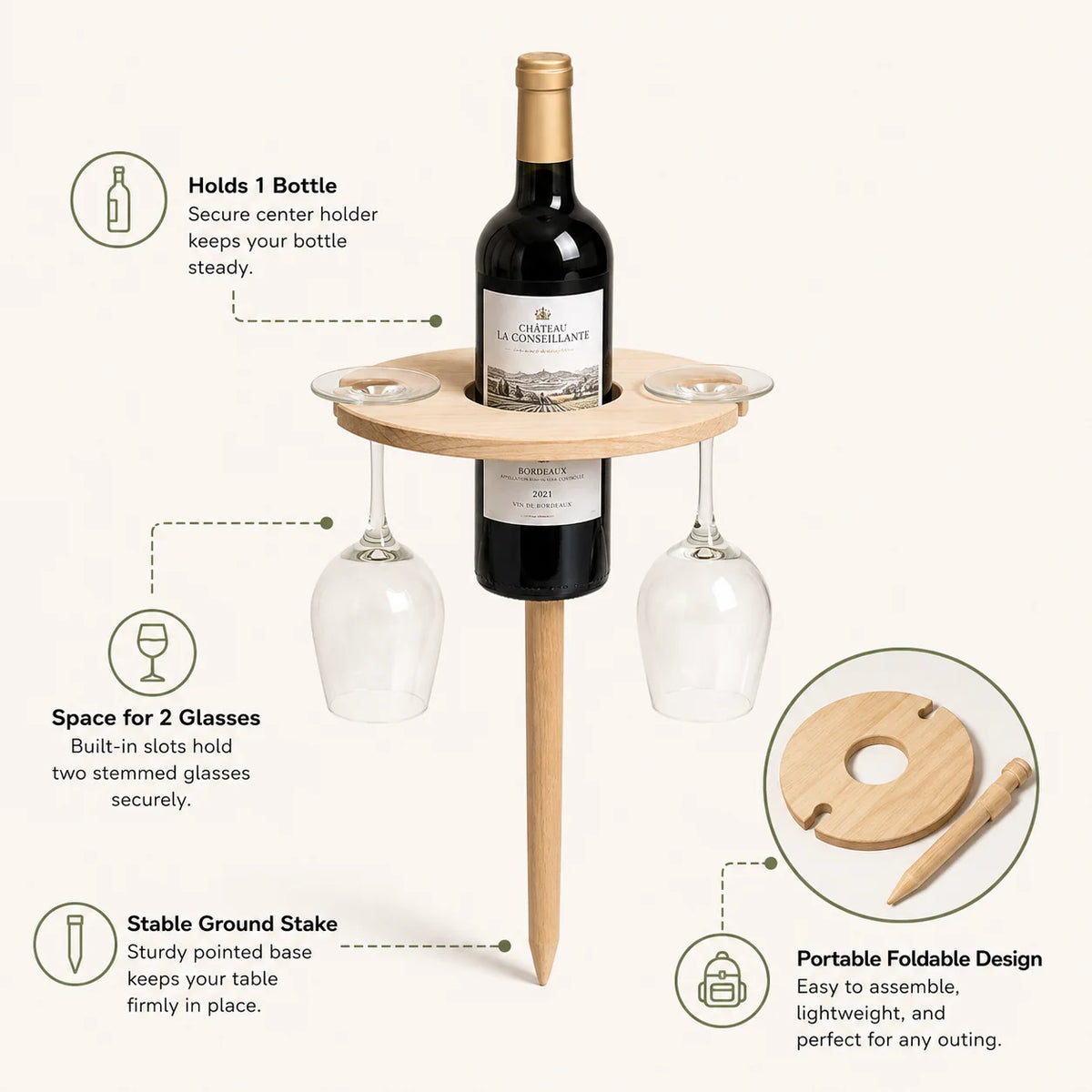 Wine Table Foldable Spike Base Glass Cutouts