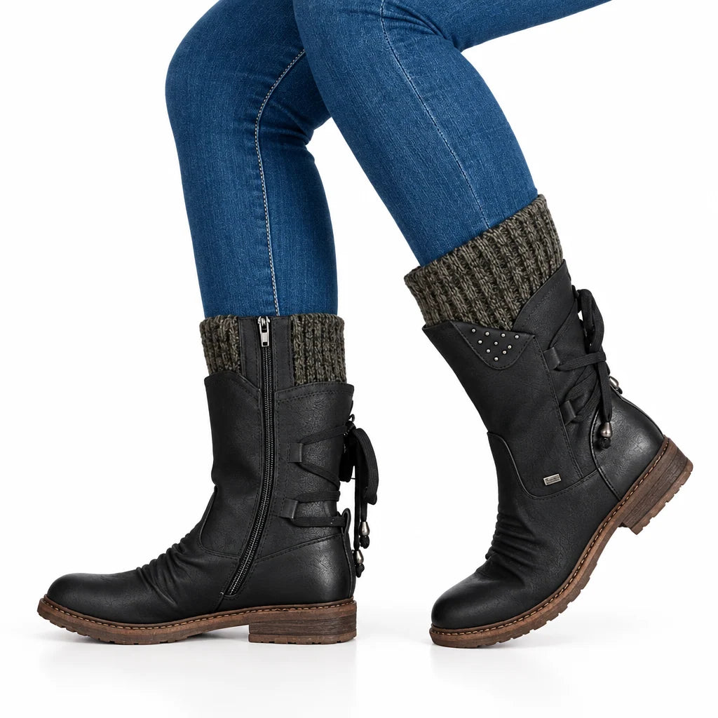 Winter Boots Mid-Calf PU Leather Rubber Sole