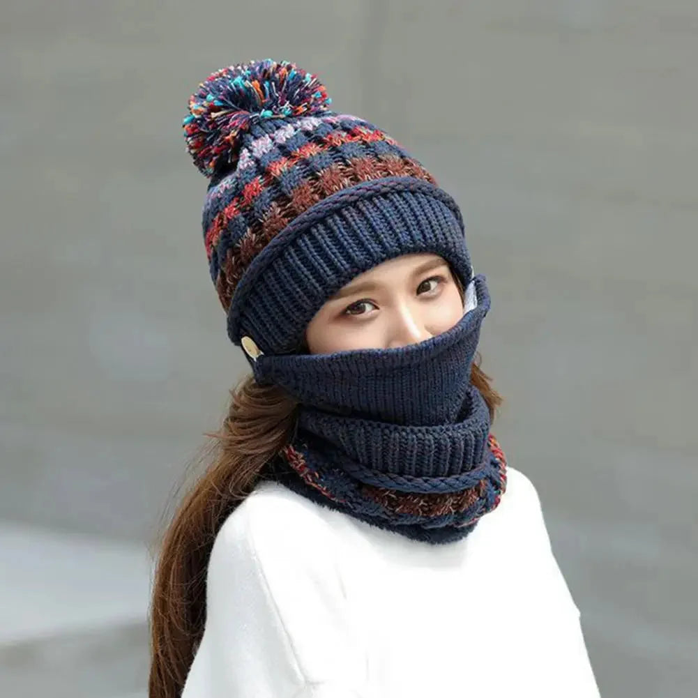 Winter Hat & Scarf Set Velvet-Lined Removable Face Mask