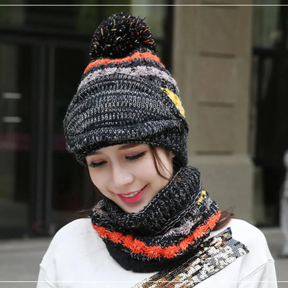 Winter Hat & Scarf Set Velvet-Lined Removable Face Mask