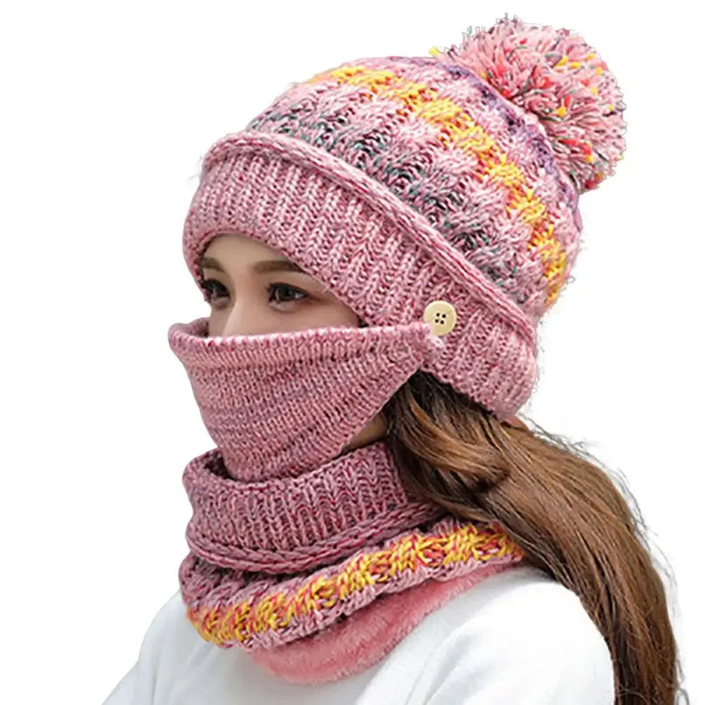 Winter Hat & Scarf Set Velvet-Lined Removable Face Mask