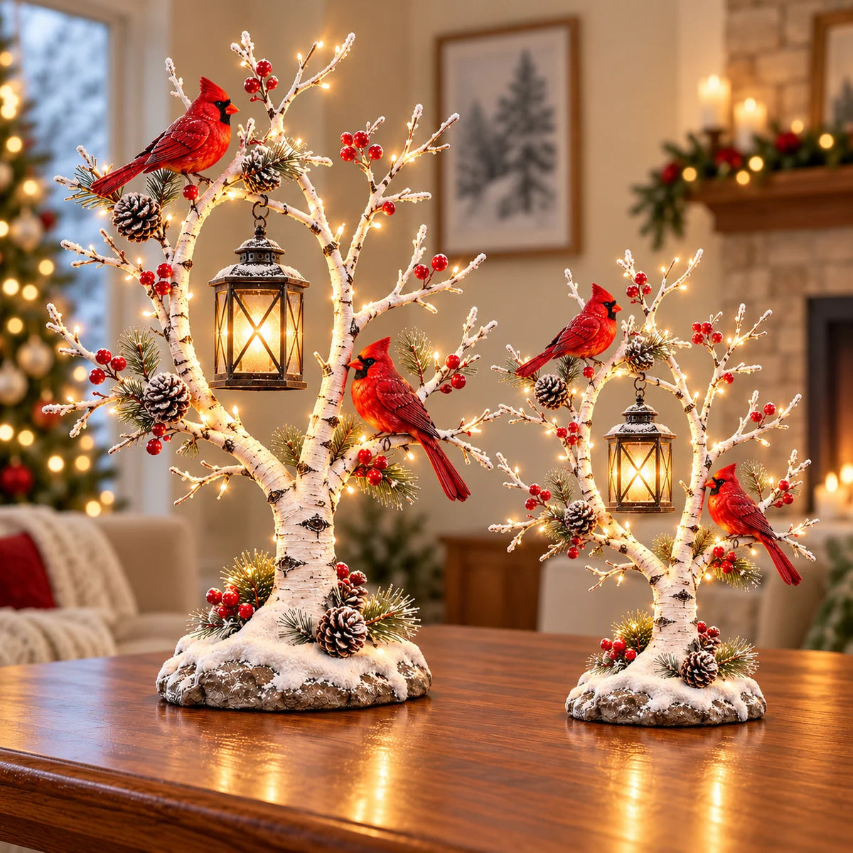 Winter Tree Decoration Lighted Snowy Birch With Red Cardinals