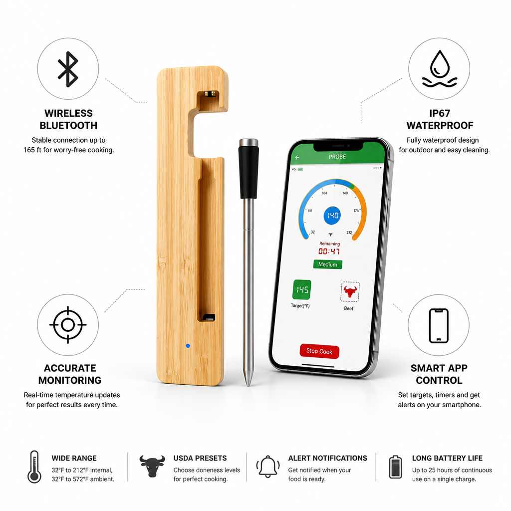 Wireless Bluetooth & Waterproof Meat Thermometer (App-Connected)