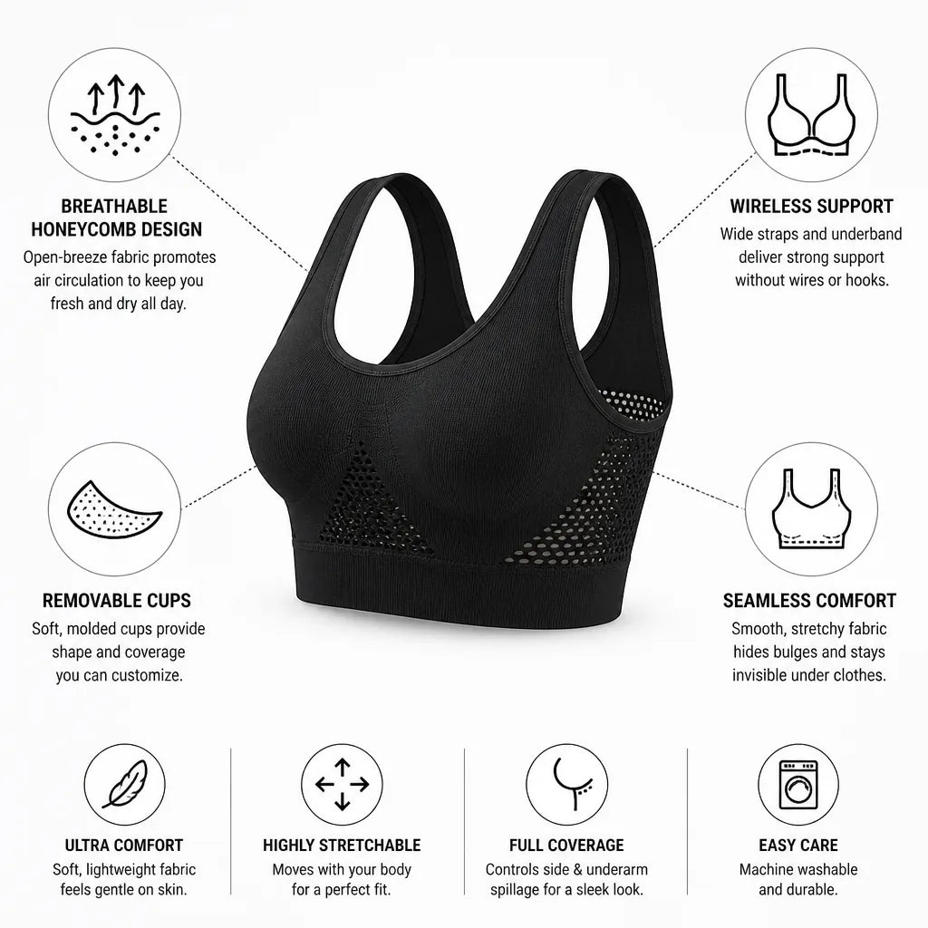 Wireless Bra Breathable Honeycomb Seamless Removable Cups
