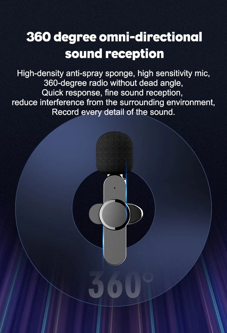 Wireless Microphone Clip-On Smartphone Compatible 65.6 Ft Range