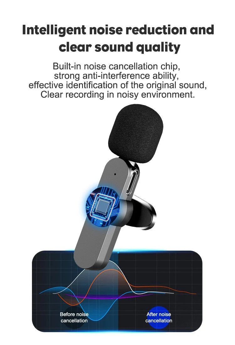 Wireless Microphone Clip-On Smartphone Compatible 65.6 Ft Range