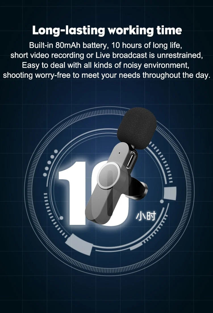 Wireless Microphone Clip-On Smartphone Compatible 65.6 Ft Range