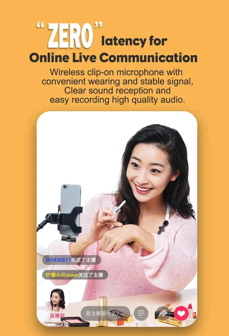 Wireless Microphone Clip-On Smartphone Compatible 65.6 Ft Range