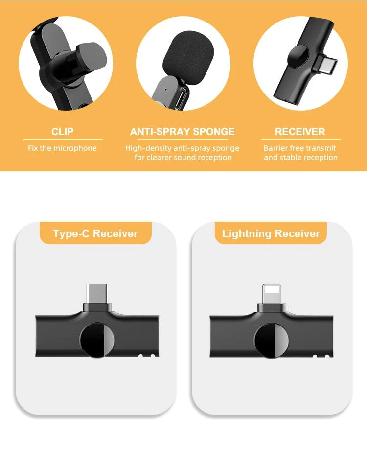 Wireless Microphone Clip-On Smartphone Compatible 65.6 Ft Range