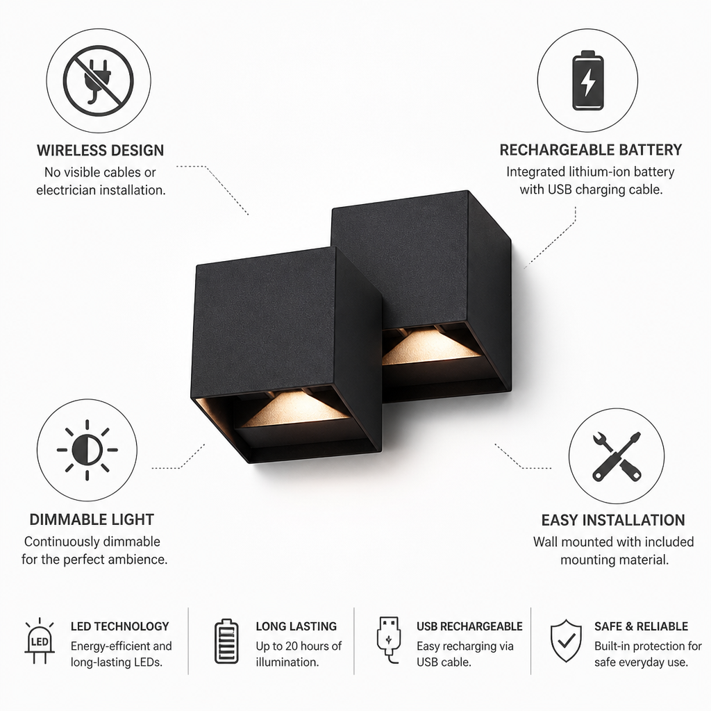 Wireless Rechargeable Dimmable LED Wall Light (Set of 2)