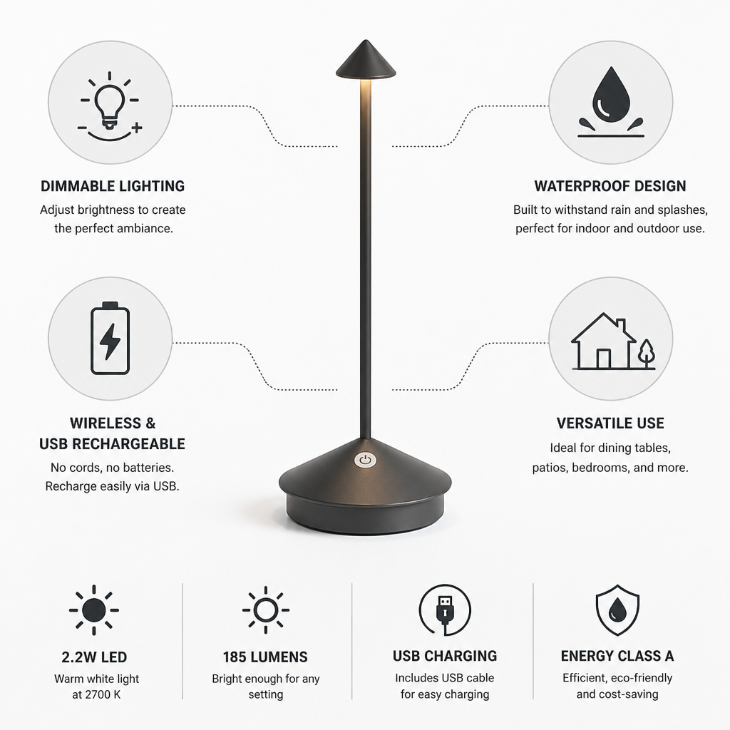 Wireless USB Rechargeable Dimmable Table Lamp (Waterproof)