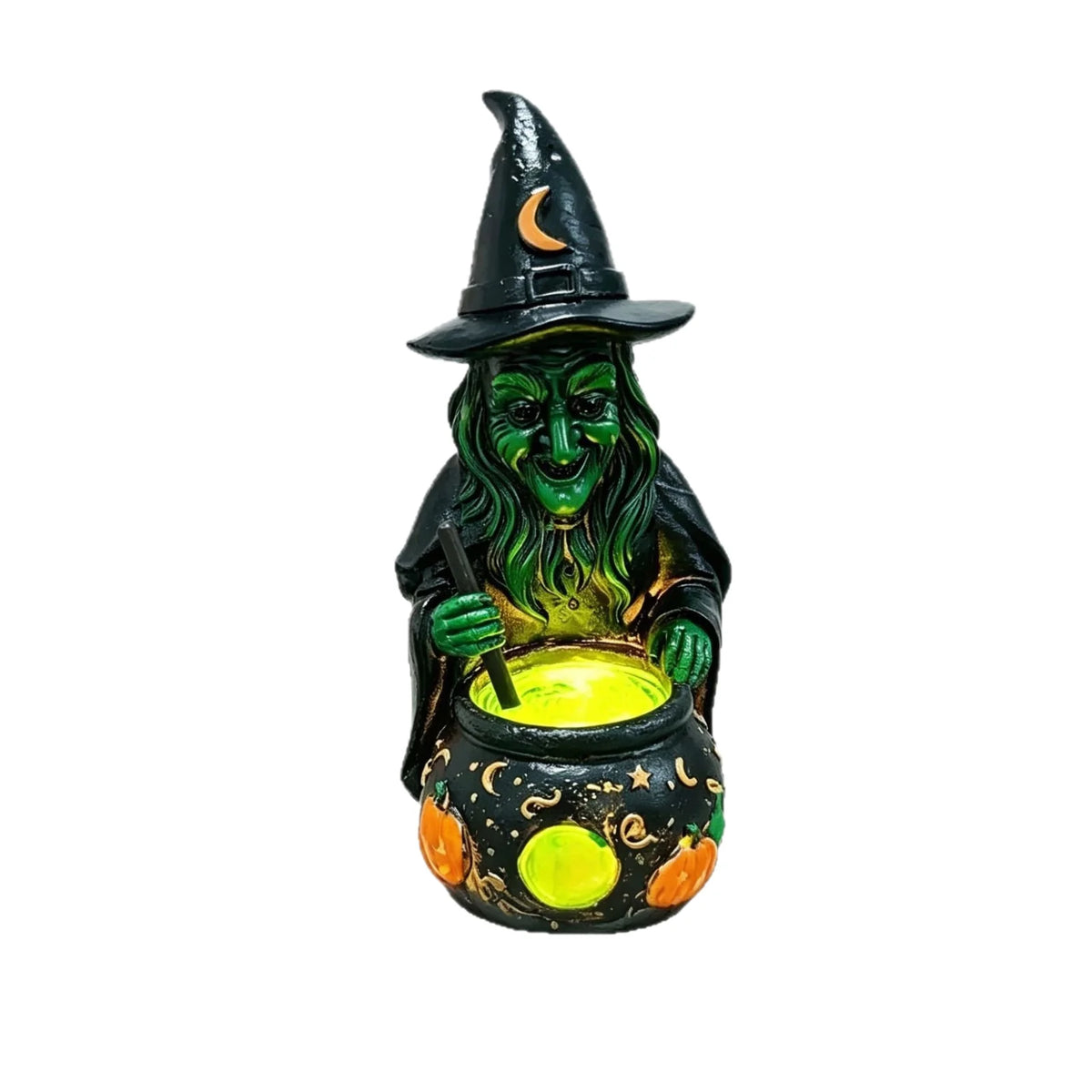 Witch Figurine Glowing Cauldron Weatherproof Polyresin
