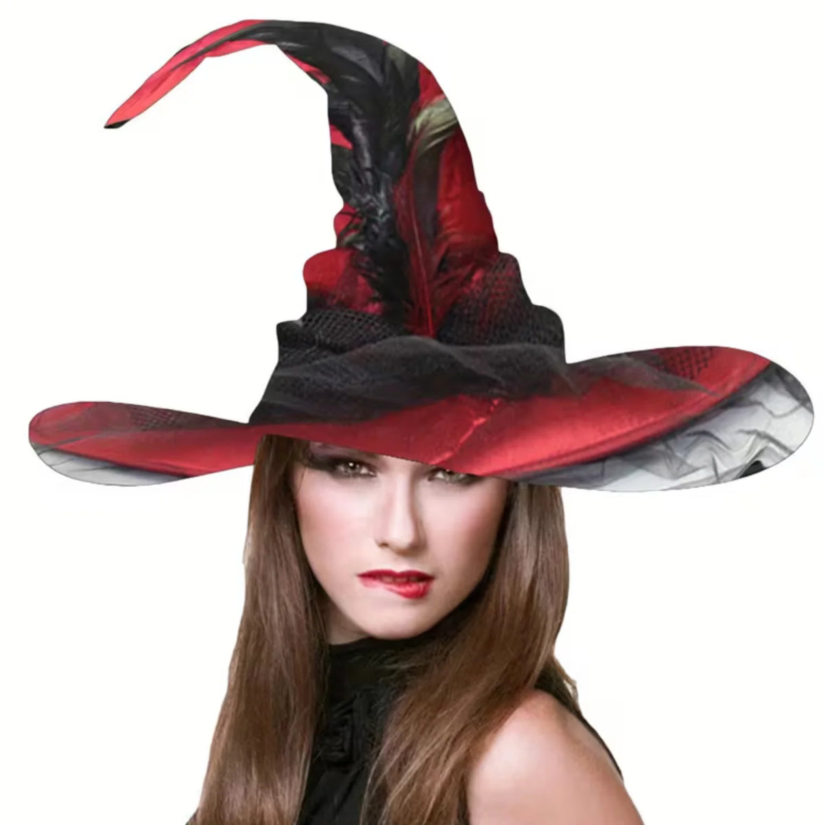 Witch Hat Attached Sheer Veil Adjustable Fit