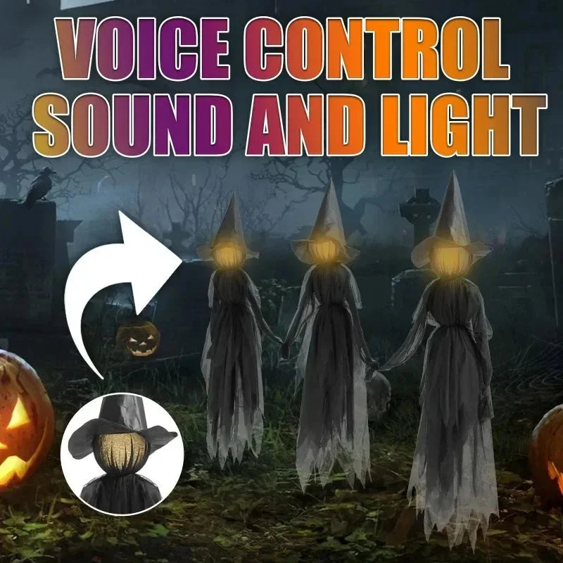 Witch Yard Figures Set of 3 Sound-Activated Flickering Heads