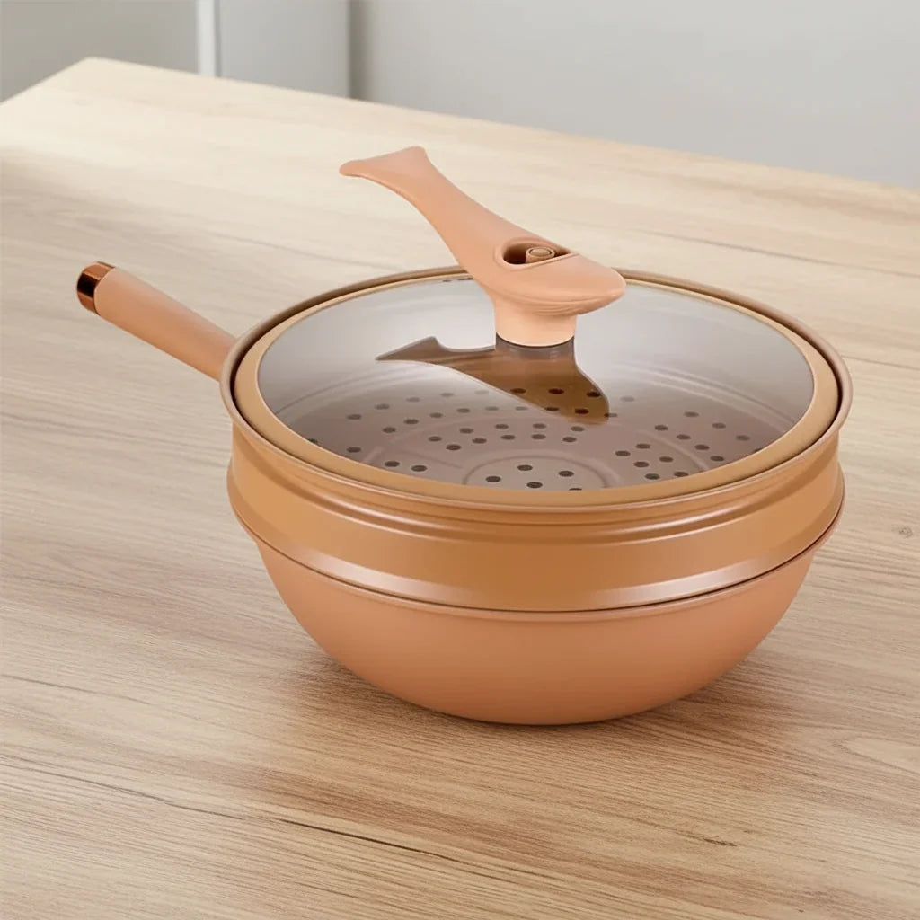 Wok Pan Nonstick Sloped Sides Steamer Insert & Lid