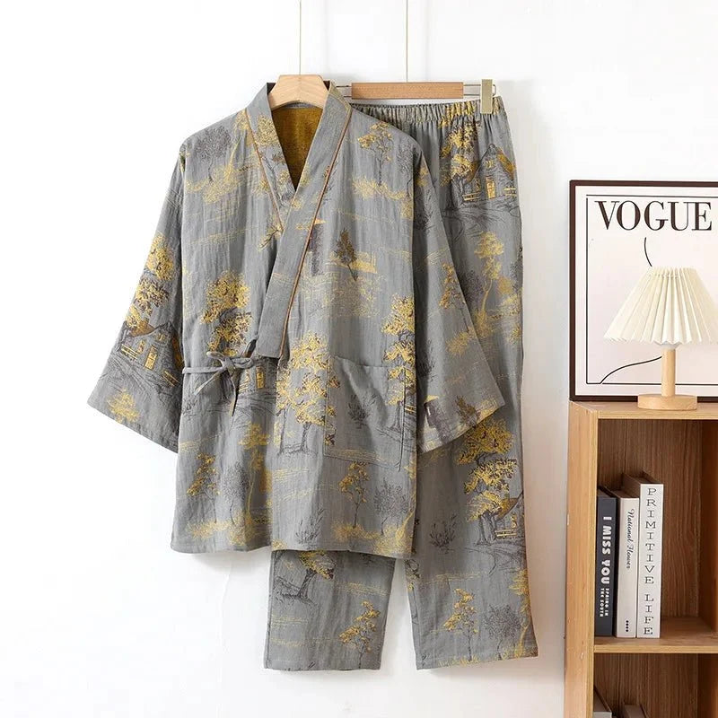 Women's Cotton Pajama Set Kimono Style Watercolor Print Breathable Comfort