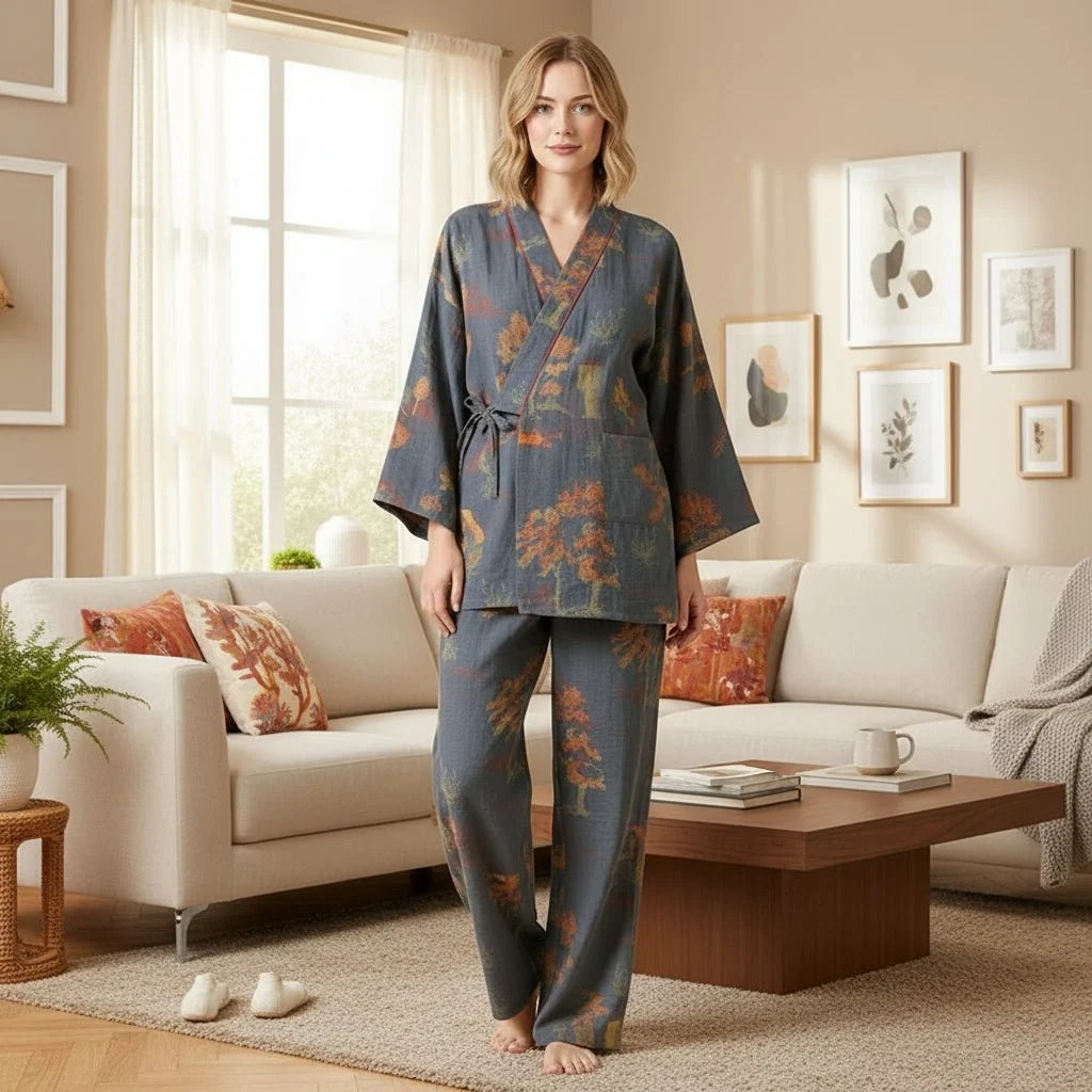 Women's Cotton Pajama Set Kimono Style Watercolor Print Breathable Comfort
