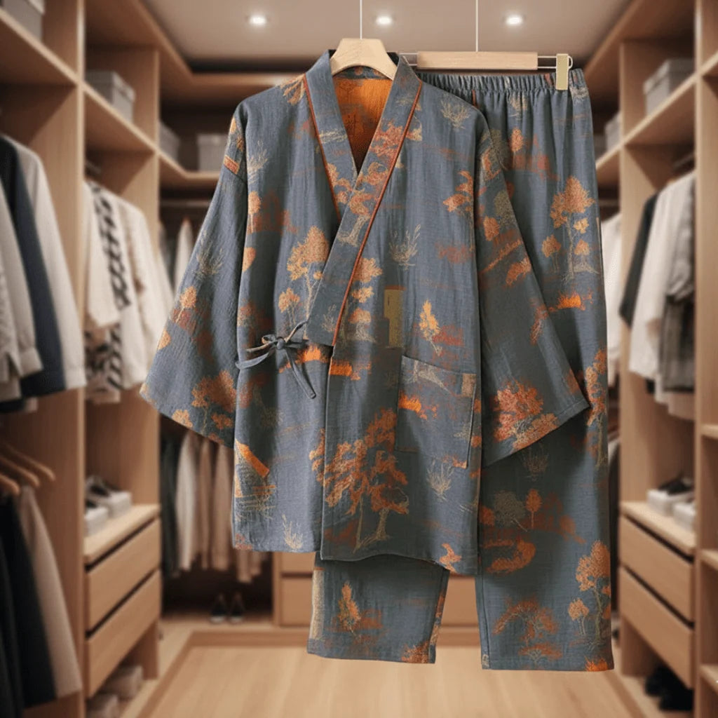 Women's Cotton Pajama Set Kimono Style Watercolor Print Breathable Comfort