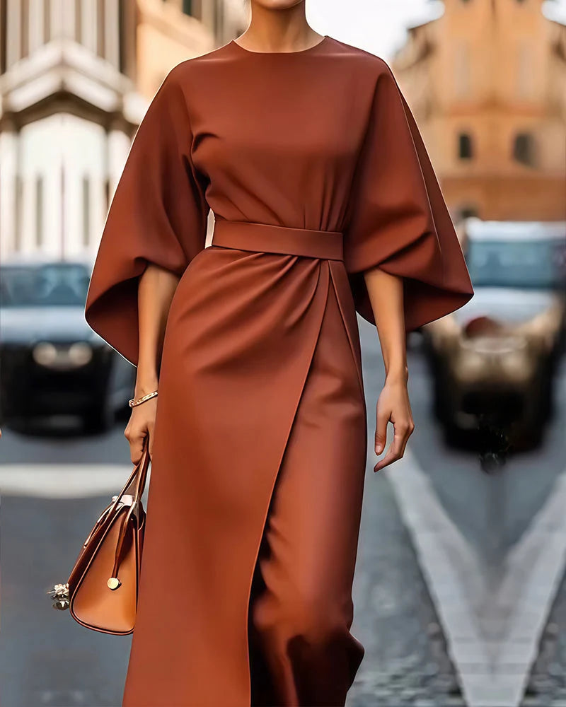 Women's Dress Lantern Sleeves Adjustable Belt Breathable Fabric