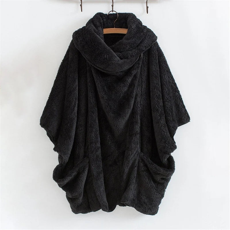Women's Fleece Poncho Oversized Fit Kangaroo Pockets Funnel Neck