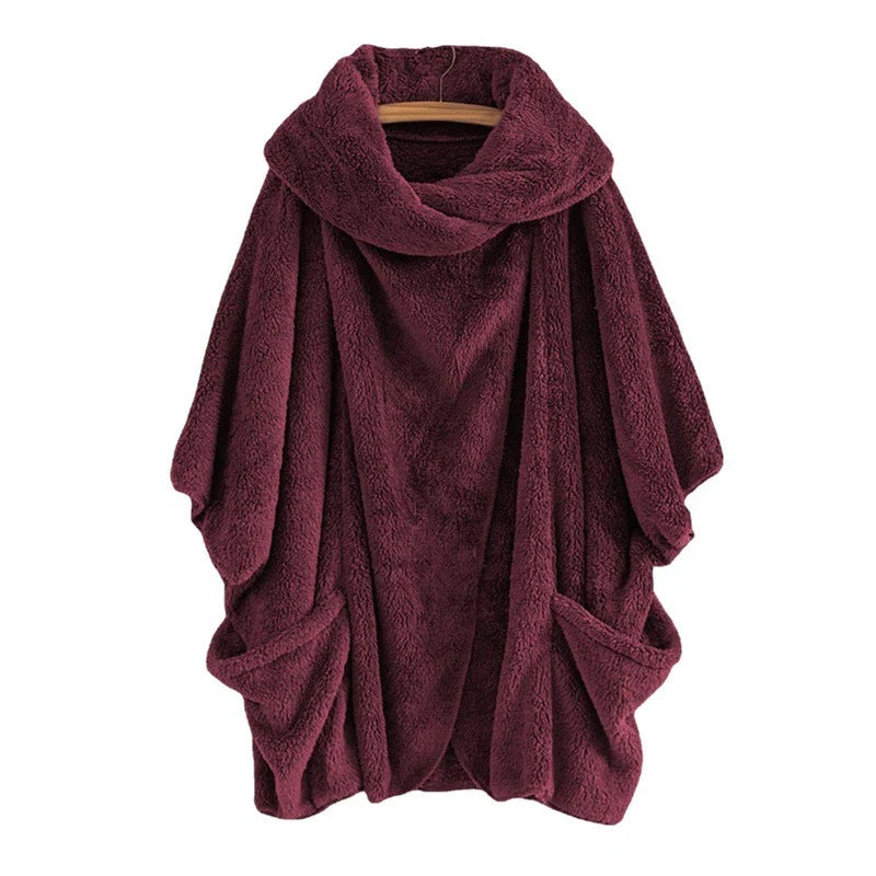 Women's Fleece Poncho Oversized Fit Kangaroo Pockets Funnel Neck