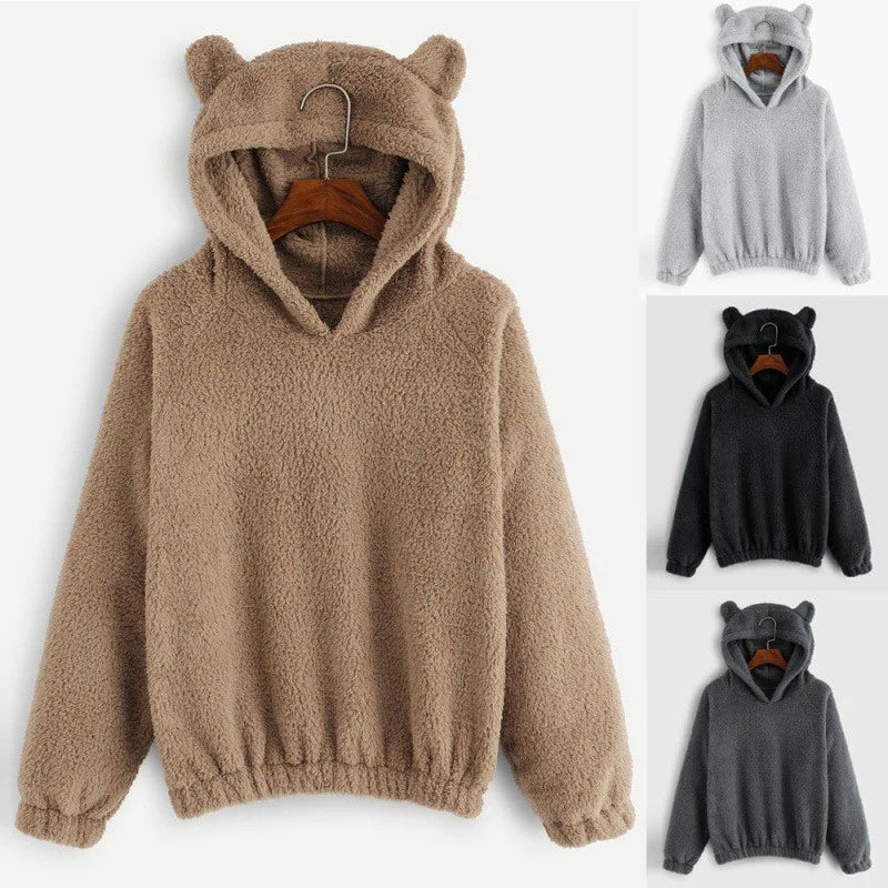 Women's Hoodie Teddy Fleece Bear-Ear Hood Front Pockets