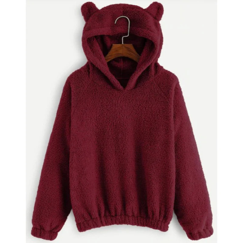 Women's Hoodie Teddy Fleece Bear-Ear Hood Front Pockets